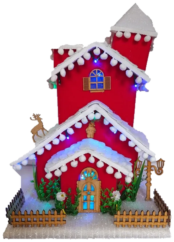 Casita navideña con luces, producto artesanal de tela de Manualidades Hilda