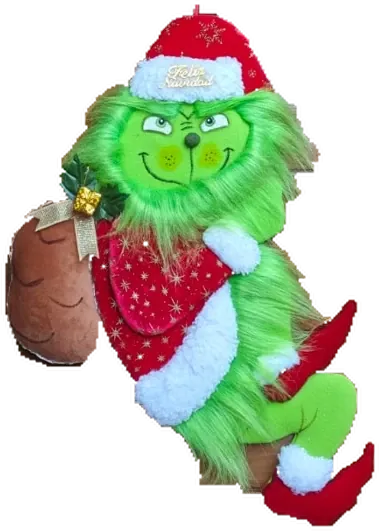 Colgante Grinch robando regalos, producto artesanal de tela de Manualidades Hilda
